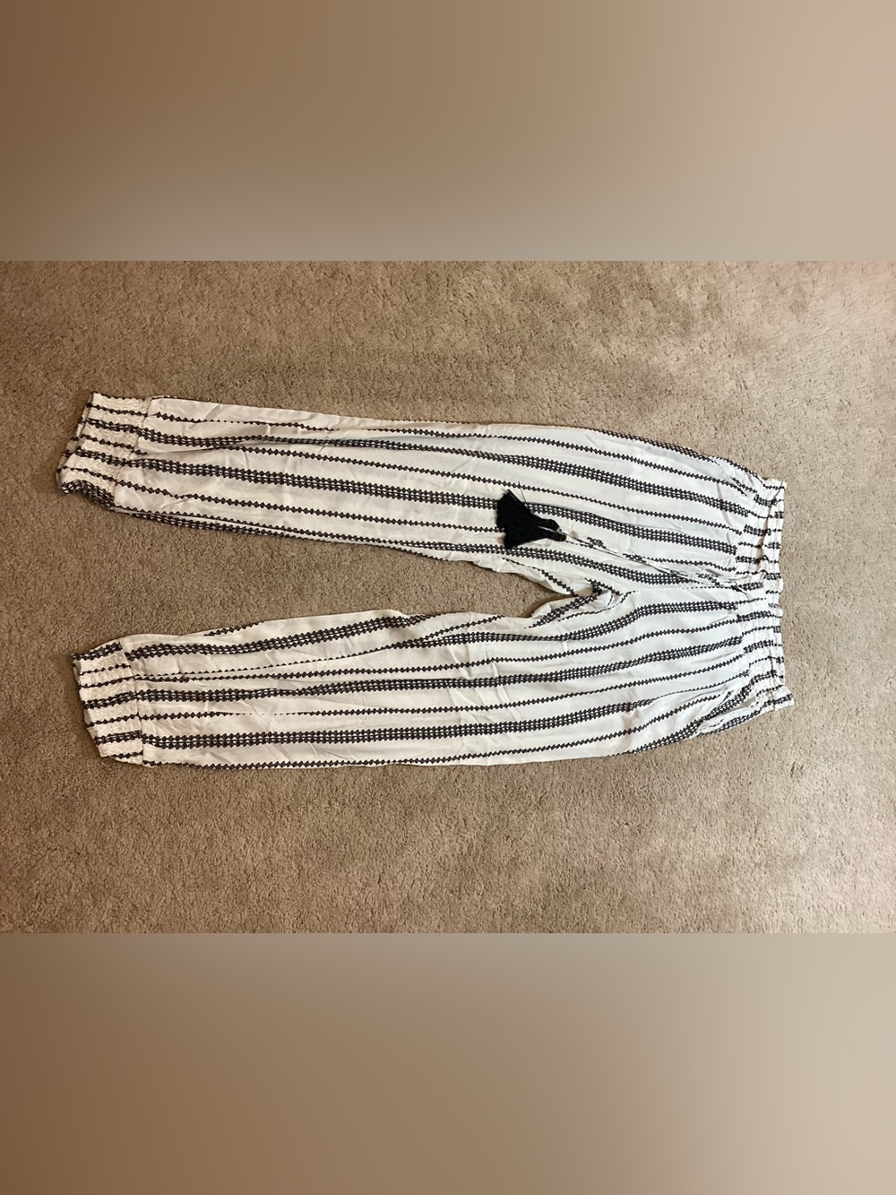 Striped White and Black Elastic-Waist Jogger Pants